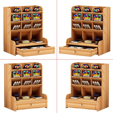 北歐創意時尚多功能斜插化妝筆筒鋼筆中性筆圓珠筆多層多分格筆架辦公室桌面木質帶抽屜大容量收納架子