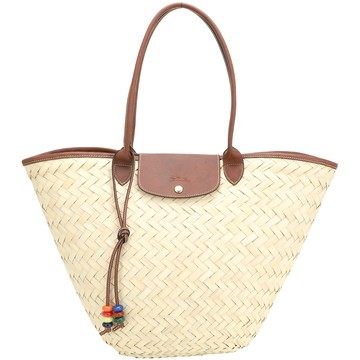 LONGCHAMP LE PANIER PLIAGE 特大款 串珠吊飾草編手提/肩背托特包(卡其色)
