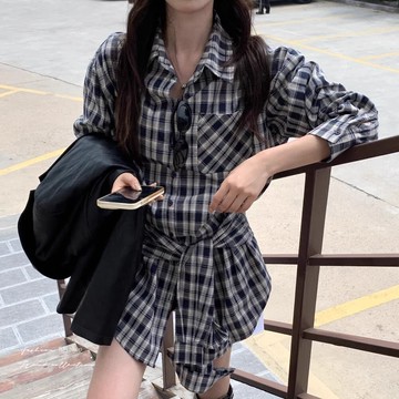 復古格紋襯衫／綁腰設計 Long Blouse【350517】