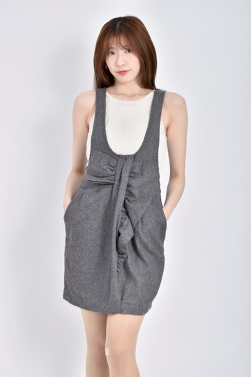 (L) pastel質感吊帶蝴蝶結裝飾灰色長裙