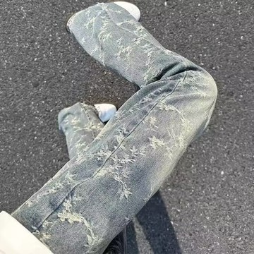 【男裝】臺灣出貨美式cleanfit荆棘提花牛仔裤男高街vibe裤子男水洗直筒微喇弯刀裤