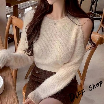 韓版氣質露肩設計感針織上衣【W696】