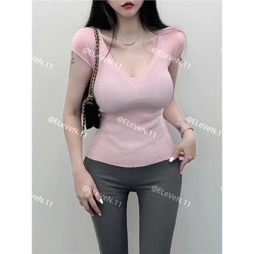 版型好 Yi定入~品質好顯瘦修身深V領針織衫春夏外穿短袖T恤上衣女