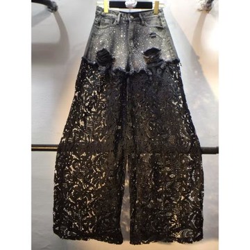 (免運)歐洲站2025夏裝新款拼接鏤空鉤花蕾絲闊腿磨破燙鉆牛仔褲長褲女褲