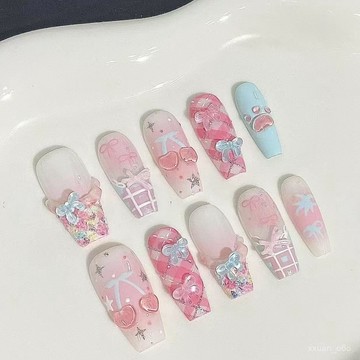 新店補貼！限時💖碎花櫻桃半手工美甲穿戴甲春日新款高級貓眼櫻桃可愛氣質顯白美甲