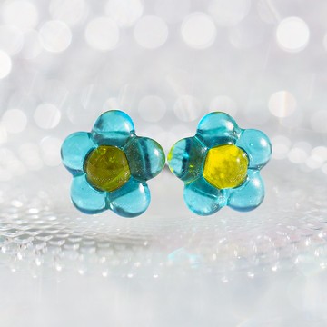 開花玻璃（Hanahana [藍]）鈦耳针/耳夾【金屬配件選擇】【定做】