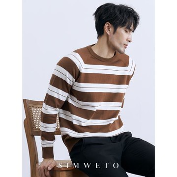 秋冬舒適百搭條紋針織衫撞色設計感休閑男士套頭毛衣圓領長袖T恤