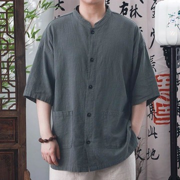 【二十三歲】臺灣出貨夏季新款國風上衣男士短袖襯衣中式復古立領休閒寬鬆百搭國潮襯衫