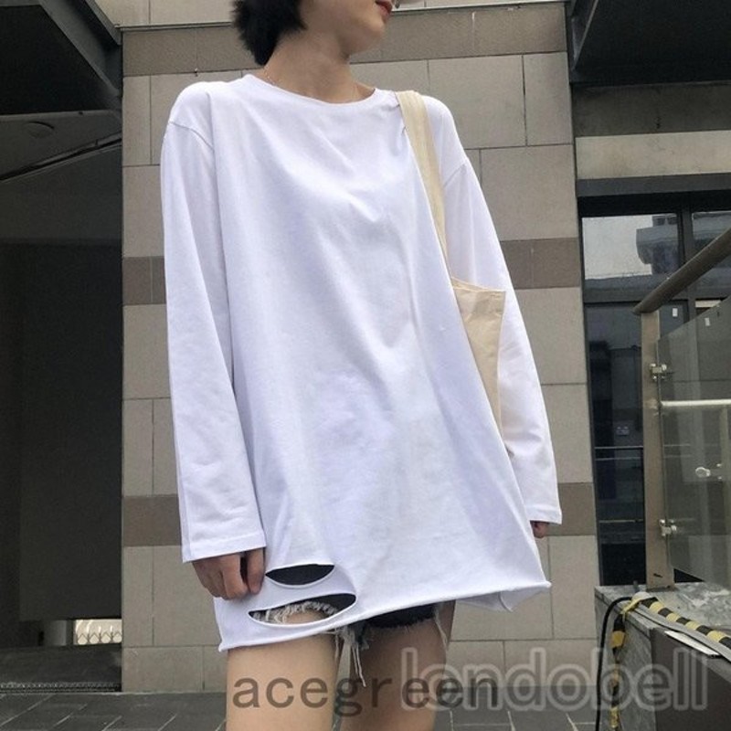 ダメージ Tシャツ レディース 代 長袖 トップス カットソー 無地 ゆったり 大人 学生 シンプル 着痩せ 女性 カジュアル ファッション 通販 Lineポイント最大get Lineショッピング