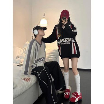 美式blokette風V領毛衣男2025秋冬寬松休閑潮牌情侶裝針織衫上衣