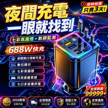 隔日達 數顯七口車充 七彩氛圍燈 688W閃充 三線伸縮快充 車用充電器 USB Type-C車充 伸縮車充 汽車點煙器