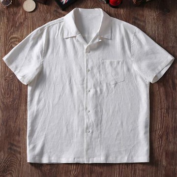 夏季寬松古巴領亞麻短袖襯衣重磅休閑襯衫百搭透氣復古男