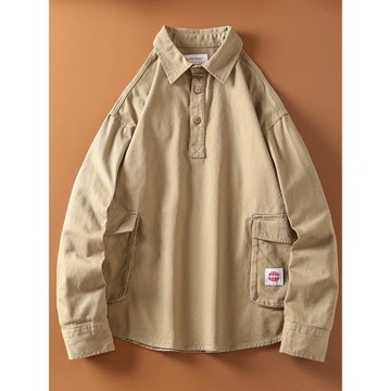 日系復古咔嘰半開襟套頭水洗斜紋棉男士寬松休閑工裝長袖襯衫外套