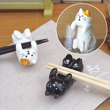 日本 decole 陶瓷杯緣子筷架-筷架系列-黑貓/三毛貓 貓咪造型陶瓷2用(杯緣子/筷架)現貨