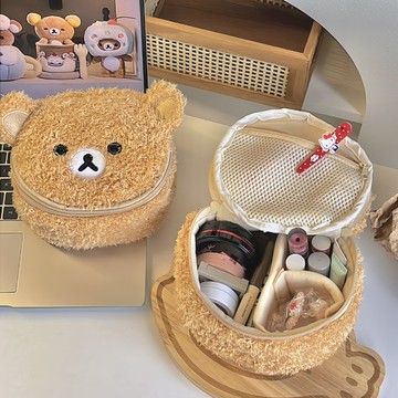 🔥台灣發貨🔥卡通毛絨小熊頭🐻 收納包 呆萌毛絨橢圓立體化妝包 便攜收納 洗漱包 旅行可愛刺繡立體 手提洗漱收納袋