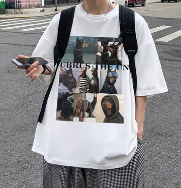 FINDSENSE X 韓潮 男士 寬鬆大尺碼 美式惡犬頭像圖案 短袖T恤 情侶T