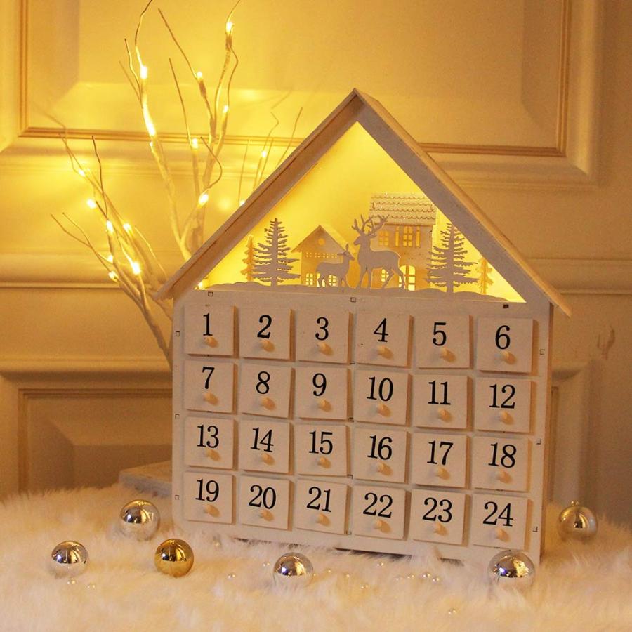 SAND MINE Countdown to Christmas Wooden LED Lighted Advent Calendar, 24 Drawers (White)[並行輸入品]