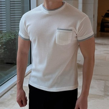 正韓肌肉款華夫格假兩件式口袋短袖上衣 3色 YUPPIE 預購商品 0706