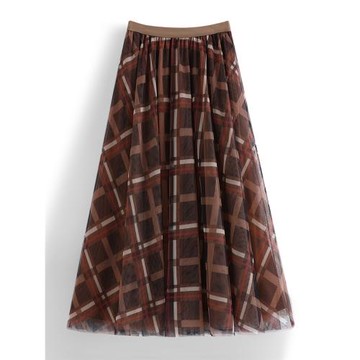 夏季格紋網紗半身裙中長款小個子百搭仙女蓬蓬裙大擺收腰a字傘裙