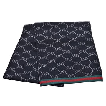GUCCI 古馳 經典雙G LOGO織花綠紅綠雙面羊毛圍巾(黑/灰色)
