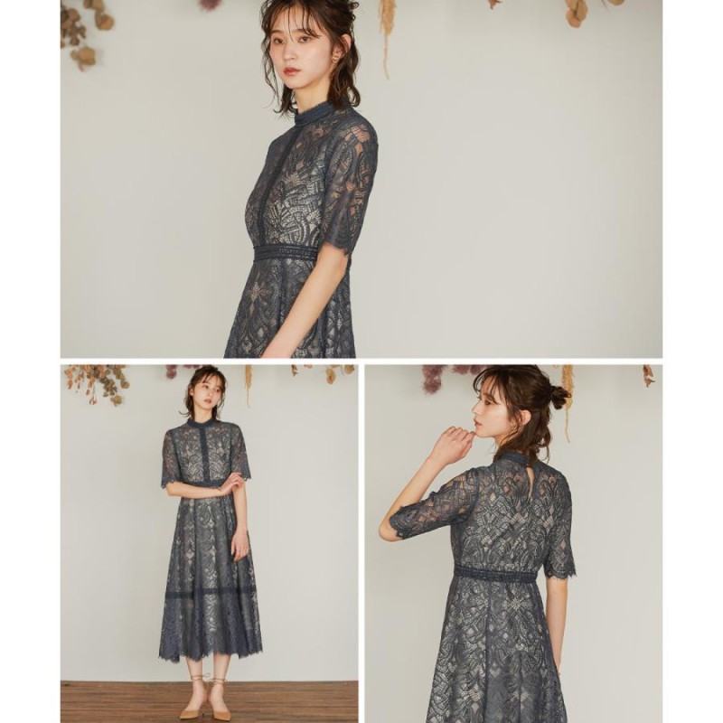 GIRL プチハイネックレース切替ハイウエストミモレ丈ワンピースドレス GIRL DRESS FOR NOW ガール プチハイネックレース切替ハイ