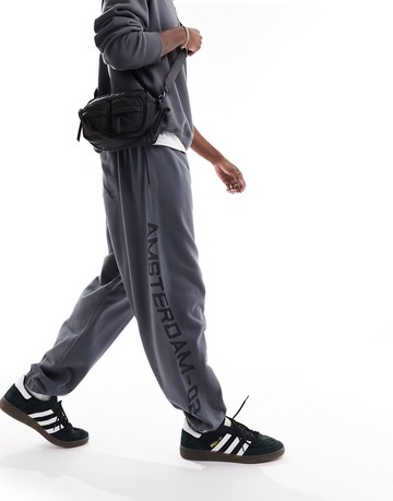 ASOS DESIGN balloon jogger in charcoal with amsterdamn print-Grey