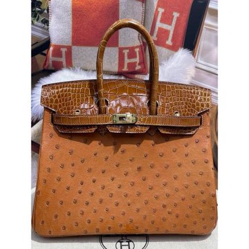 進口尼羅鱷魚皮拼鴕鳥皮BK25輕奢手工縫線鉑金包25寸女士手提包