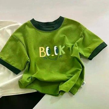 潮童穿搭！純棉兒童短袖夏季新款男女童洋氣綠色t恤中小童寶寶半袖上衣t 韓版上衣男童 夏季打底衫 短袖T恤 中小童上衣