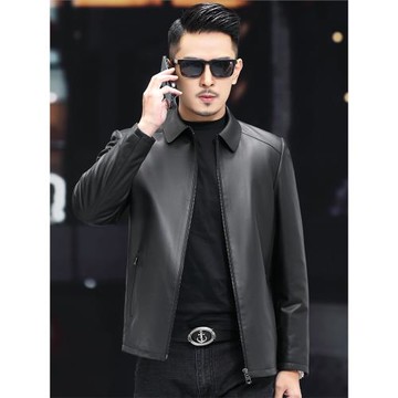 海寧新款真皮皮衣男士綿羊皮短款翻領中年皮夾克加絨加厚秋冬外套