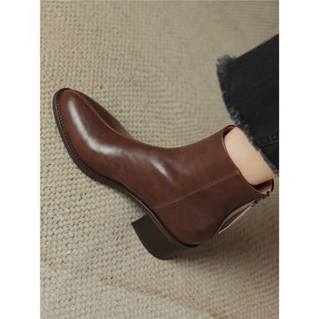 真皮粗跟短靴女高跟2025新款秋冬及踝裸靴英倫風后拉鏈中跟馬丁靴