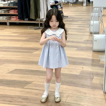 mori🎀mori韓版女童夏季淺藍色海軍領條紋背心裙小女孩雙排扣連衣裙