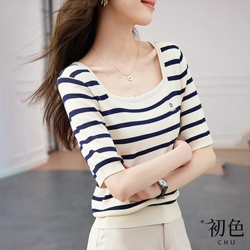 初色  方領條紋字母刺繡短袖修身顯瘦針織衫上衣-杏色-34654(F可選)