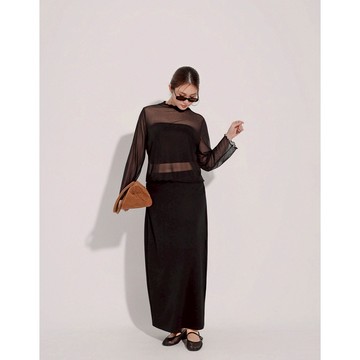 AIR SPACE PLUS 高領透紗木耳邊長袖上衣(黑/白/黑點/白點) 女裝 現貨 大尺碼 中大尺碼