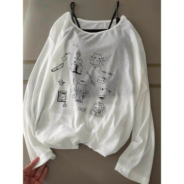網友好評狂推❤️甜辣韓系鬆弛百搭罩衫長袖T恤女夏季寬鬆薄款露肩低領ins時尚上衣G57J