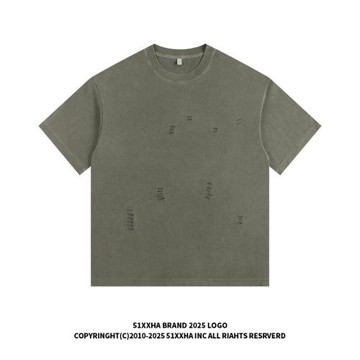 51嘻哈美式重工破洞短袖T恤男夏季復古高街vibe做舊水洗寬松半袖