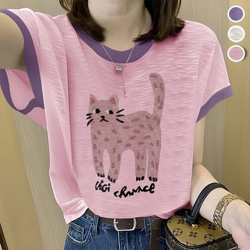 【韓國K.W.】KN3313韓國海島棉迷戀情熱短袖上衣(印花/圓領/V領/上衣/T恤)