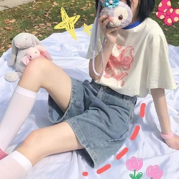 【砂糖夢境】大碼胖mm夏季新款復古高腰寬鬆顯瘦闊腿牛仔褲短褲少女直筒五分褲