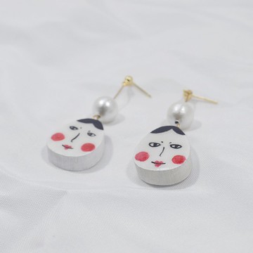 歌舞伎娃娃臉 可愛紅白娃娃臉 耳環 手繪木製