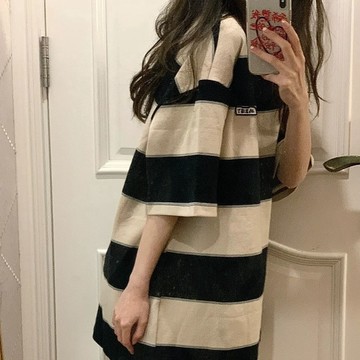 Oversize|小清新復古條紋撞色短袖T恤女|寬松設計感小眾|滌綸材質|印花拼接條紋元素|甜美學院風|短袖上衣