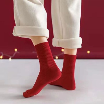 本命年  紅襪 男女款  本命年男女大紅色襪子中筒純色棉襪情侶新年紅襪子長筒運動女襪
