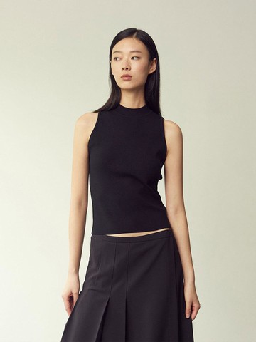 Mock - neck Sleeveless Knit Top Black