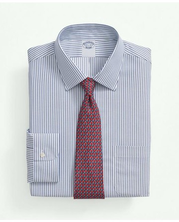 Brooks Brothers Men's Explorer Collection Non-Iron Twill Ainsley Collar, Stripe Dress Shirt | Navy | Size 16 36