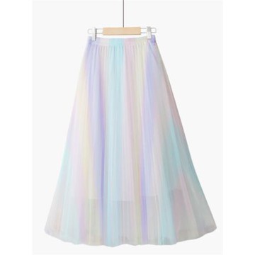 春季甜美復古清新漸變撞色彩虹條紋顯瘦高腰中長款沙灘網紗半身裙