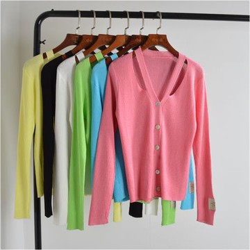 V領長袖冰絲百搭薄款外套女春秋季新款顯瘦針織開衫防曬衫披肩