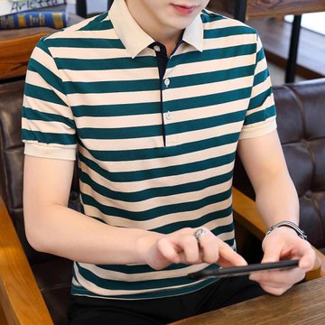 【純棉透氣】夏季條紋Polo衫短袖t恤男中青年商務休閑翻領保羅T恤