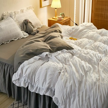 ins少女心四件套 水洗棉白色花邊被套灰色床單床裙宿舍三件套