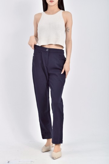 (L) 麥雪爾質感低腰素面鬆緊腰藍色長褲