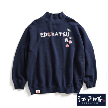 江戶勝 女款 經典和柄花紋刺繡貼布高領厚長袖T恤(丈青色)