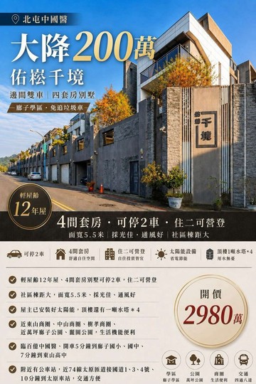 北屯中國醫地37坪『佑崧千境』雙車四套房邊間別墅｜台中市北屯區太安二街