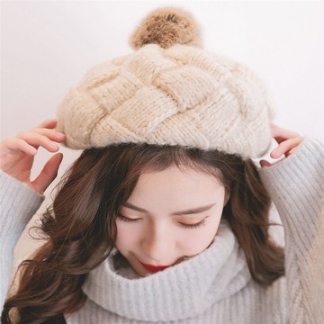 沛錦毛線帽女士 冬季新款菠蘿提花兔毛球甜美風針織畫家帽冷帽子1入